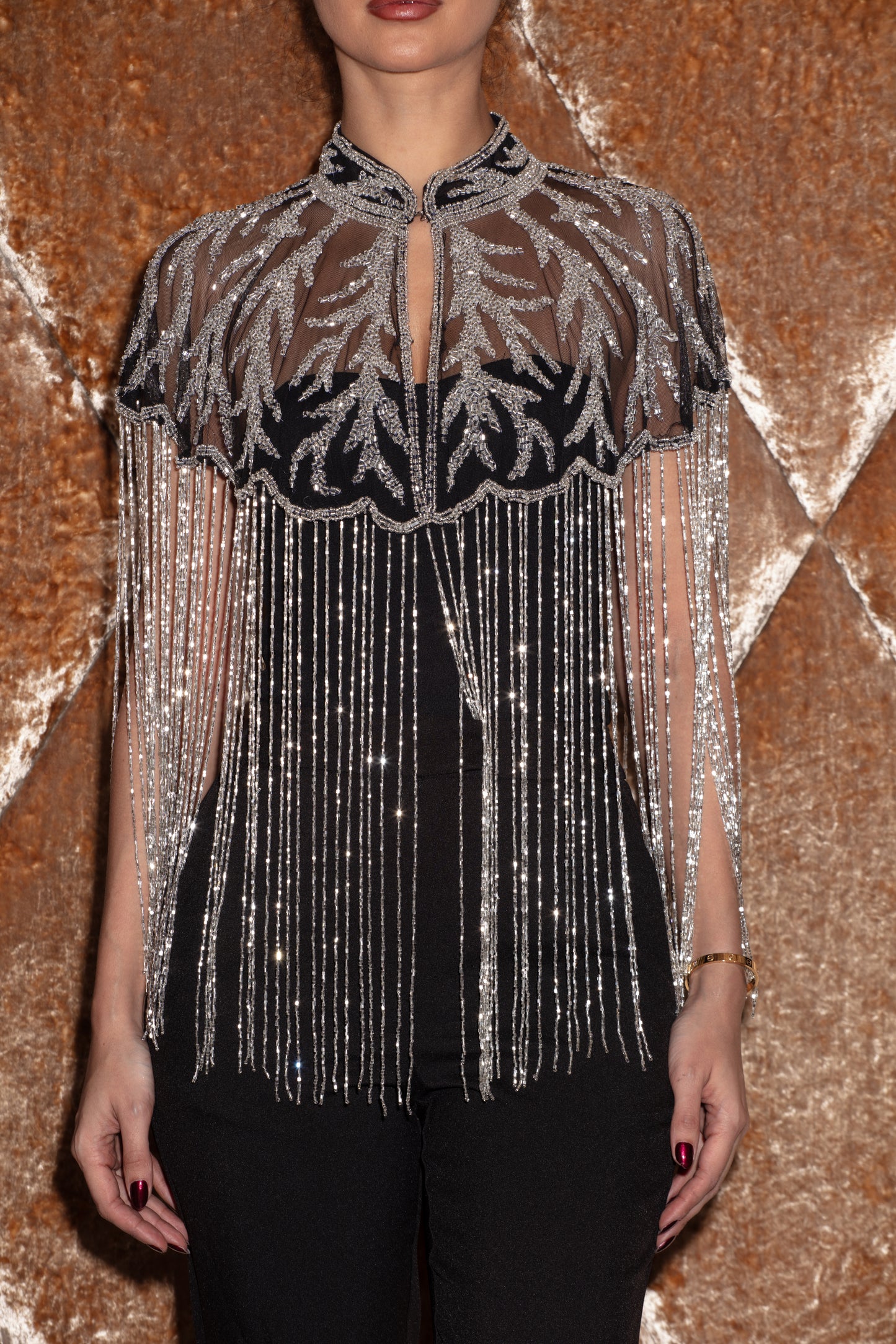 Tassel Cape Cover-Up - Silver Leaf Print